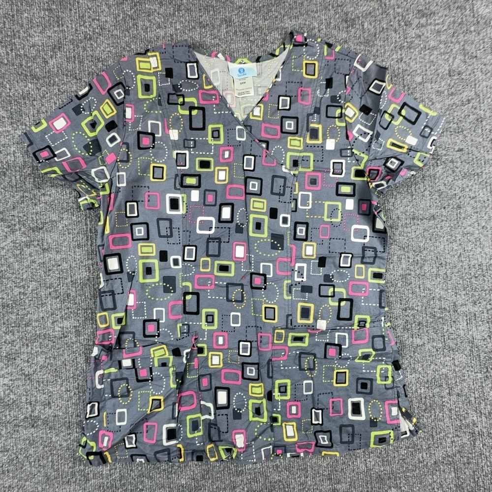 SB Scrubs Shirt Womens Small Gray Geometric‎ Print V Neck Scrub Top Pockets